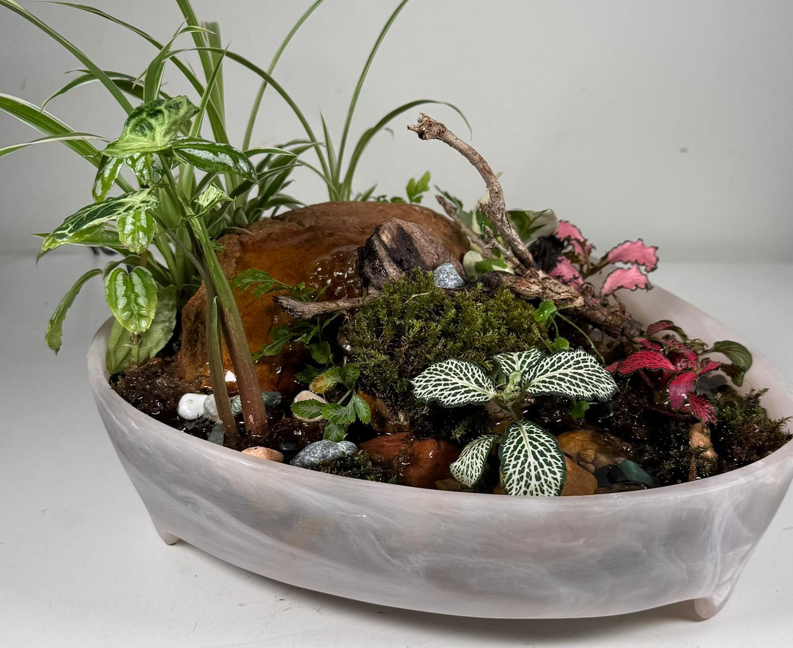 Waterfall Terrarium: Flowing Forest in Marbled Oval Planter
