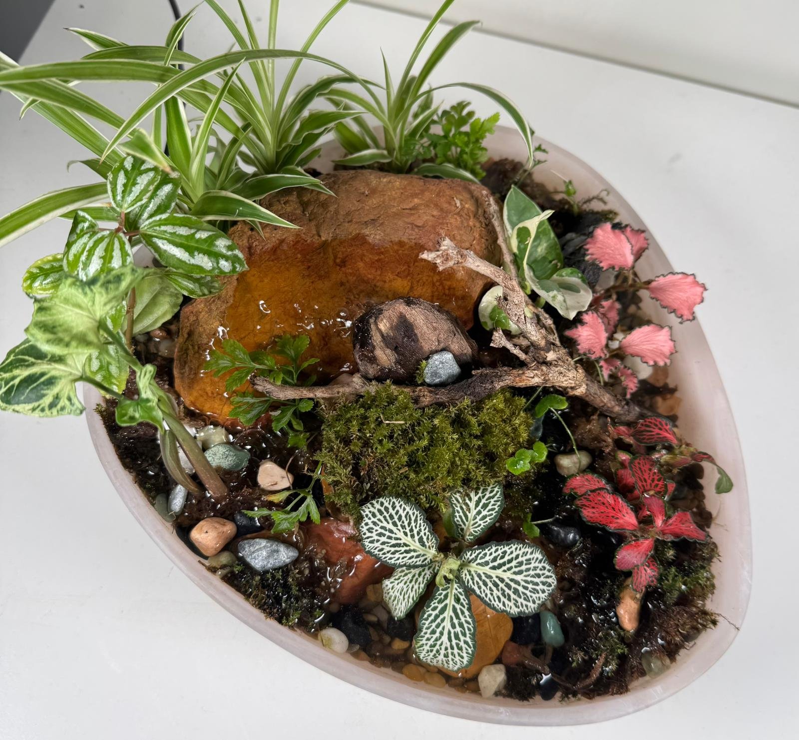 Waterfall Terrarium: Flowing Forest in Marbled Oval Planter - Image 3