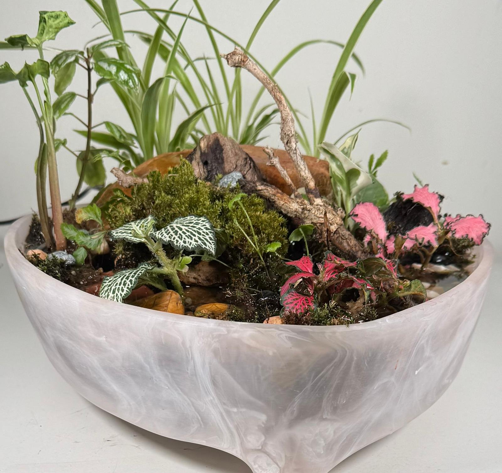 Waterfall Terrarium: Flowing Forest in Marbled Oval Planter - Image 6